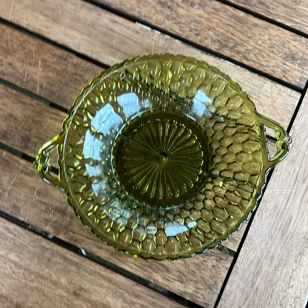 Vintage 2 Handled Honeycomb Green Dish by INDIANA GLASS